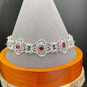 Sterling Silver Turkey Filigree Garnet Bracelet Adjustable